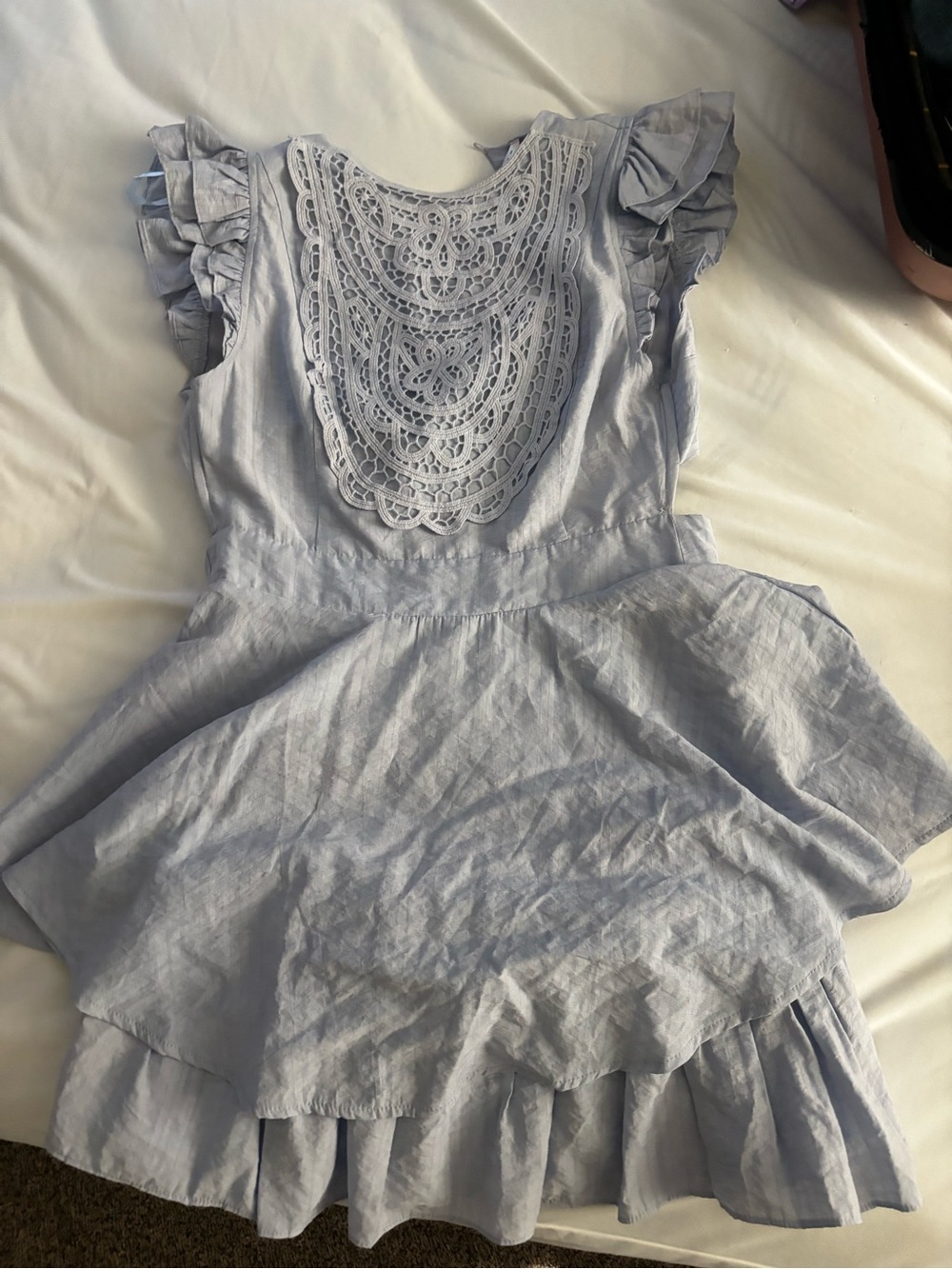 Light Blue Lace Yoke Ruffle Dress